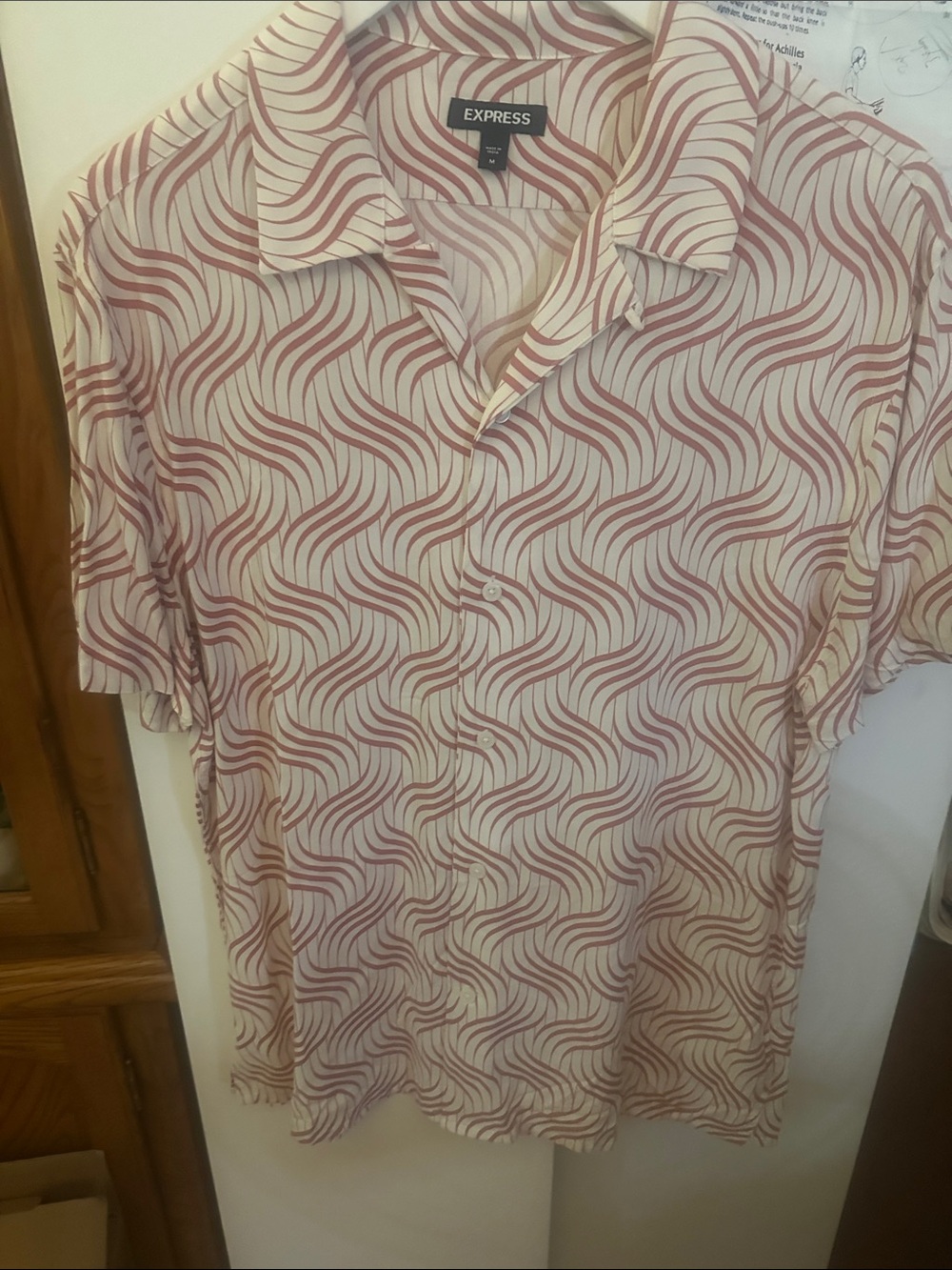 Express Men’s Cream Button-Down Shirt with Pink Wave Print